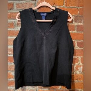 Black Sleeveless V-Neck Knit Top, Basic, 18/20, lace trim